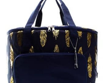 Monogrammed/Personalized Navy and Gold Feather Insulated Cooler Tote/Bag