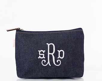 Pochette per il trucco in denim con monogramma, pochette con cerniera, regalo per damigelle d'onore, regalo per donna