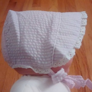 Monogrammed Pink Seersucker Baby Bonnet, Baby Shower Gift, Pink Seersucker Bonnet, Summer Bonnet
