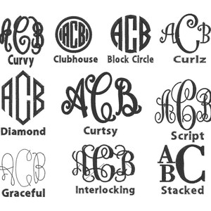以下が含まれることがあります： カービー、クラブハウス、ブロックサークル、カールズ、ダイヤモンド、カーシー、スクリプト、グレースフル、インターロッキング、スタックなど、10種類のモノグラムスタイルを示すグラフィック。各スタイルは「ACB」の文字で表示されます。