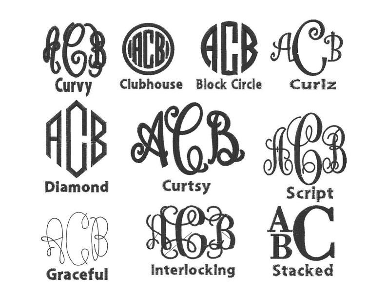 以下が含まれることがあります： カービー、クラブハウス、ブロックサークル、カールズ、ダイヤモンド、カーシー、スクリプト、グレースフル、インターロッキング、スタックなど、10種類のモノグラムスタイルを示すグラフィック。各スタイルは「ACB」の文字で表示されます。