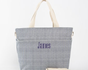 Monogrammed Striped Canvas Cooler Tote, Insulated Zip Bag