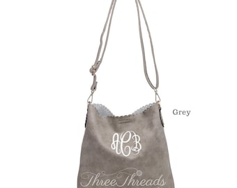 モノグラム/パーソナライズされたグレーのアイレットスカラップクロスボディ、バッグインバッグ、モノグラム財布、ブラウンクロスボディ、女性へのギフト