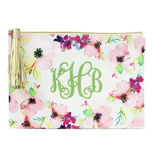 Monogrammed Canvas Make-up Bag, Zippered Make-up Bag, Bridesmaids Gift, Women&#39;s Gift, Floral Makeup Bag, Vintage Floral