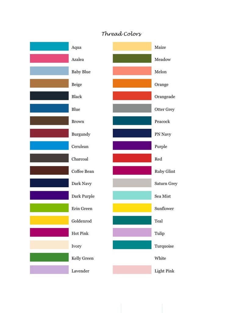 May include: A chart showing 30 different thread colors with their names. The colors are arranged in two columns, with the names of the colors listed next to each color swatch.