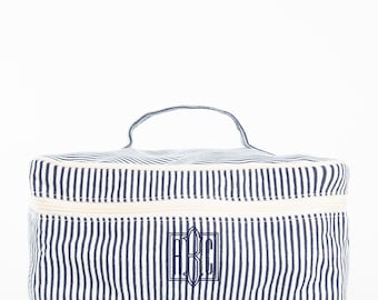 Monogrammed Canvas Striped Make-up Bag, Jewelry Bag, Train Case, Zippered Make-up Bag, Bridesmaids Gift, Women&#39;s Gift