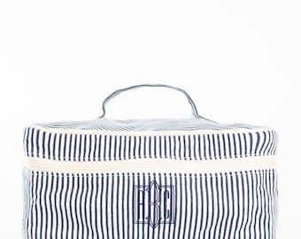 Monogrammed Canvas Striped Make-up Bag, Jewelry Bag, Train Case, Zippered Make-up Bag, Bridesmaids Gift, Women's Gift