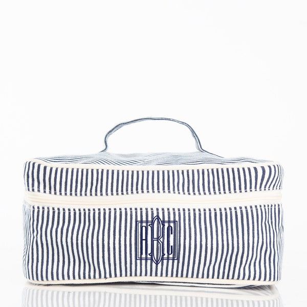 Monogrammed Canvas Striped Make-up Bag, Jewelry Bag, Train Case, Zippered Make-up Bag, Bridesmaids Gift, Women's Gift