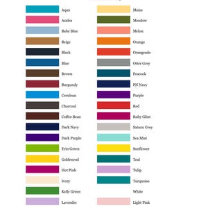 以下が含まれることがあります： 30種類の糸の色とその名前を示すチャート。色は2列に配置され、各色の名前は色の見本横に記載されています。