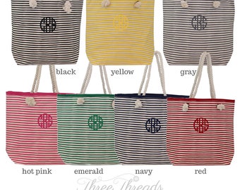 Monogramowana torba z płótna w paski, torba z płótna, torba dla druhny, prezent dla druhny, torba plażowa, prezent dla kobiet