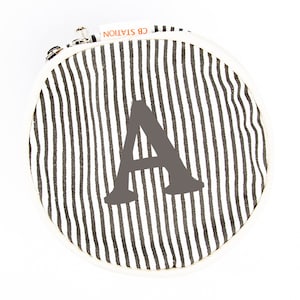Monogrammed Canvas Striped Make-up Bag, Jewelry Bag, Round Bag, Circle Bag, Zippered Make-up Bag, Bridesmaids Gift, Women&#39;s Gift