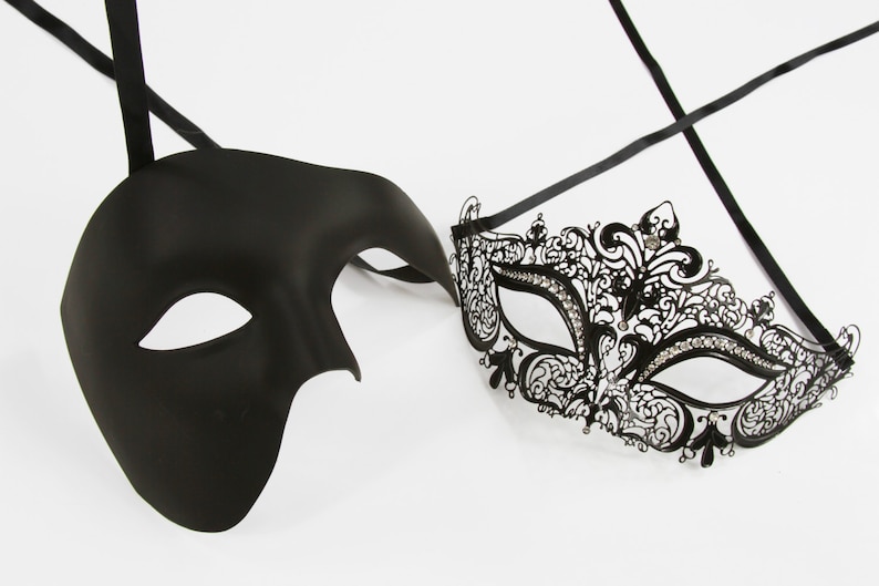 Phantom of the Opera Inspired Prom Mardi Gras Venetian Masquerade Mask Wedding Classic Black Couples Mask Set PP005BK+K2001BK