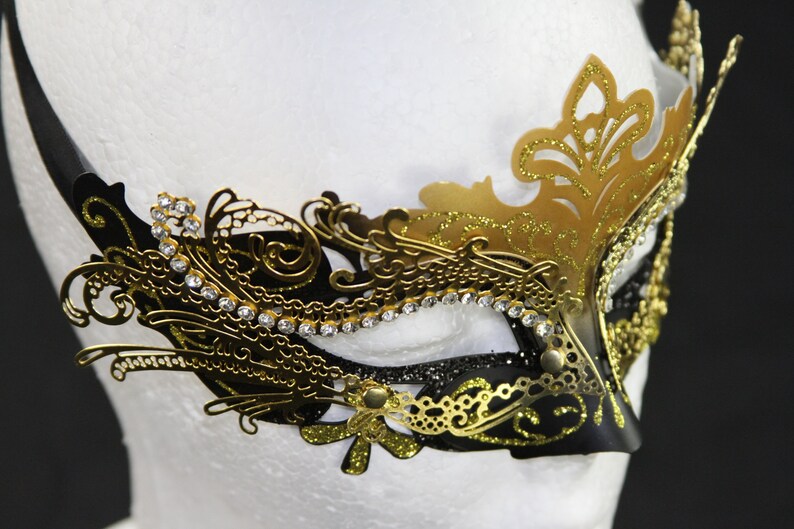 Wedding Prom MEP001BKGD Classic Black /& Gold Venetian Masquerade Mask Glitter Mask with Gold Laser Cut Metal Design Mardi Gras