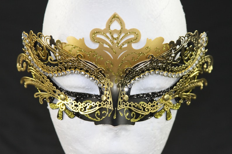 Wedding Prom MEP001BKGD Classic Black /& Gold Venetian Masquerade Mask Glitter Mask with Gold Laser Cut Metal Design Mardi Gras
