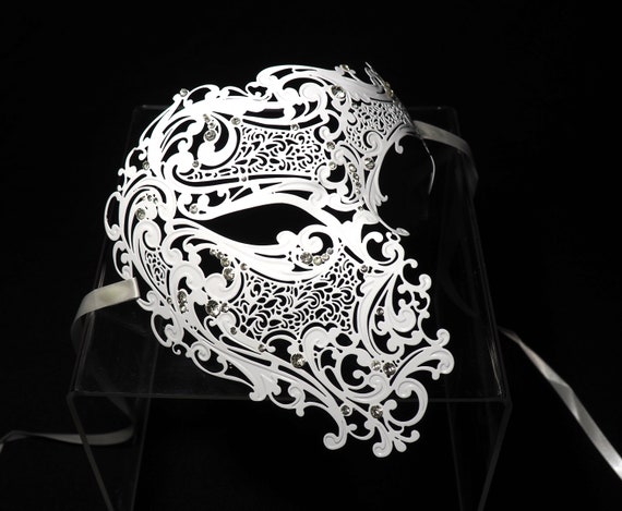 Demon Skull Laser Cut White Metal Masquerade Mask With Clear Rhinestones