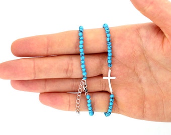 sterling silver Sideways Cross necklace with blue beads Sterling silver sideways cross necklace N15