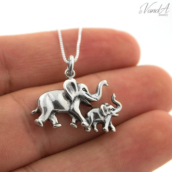 Sterling Silver Mother Daughter Necklaces Elephant and Calf Charm necklace 925 Mother Child pendant with 925 sterling silver chain N66