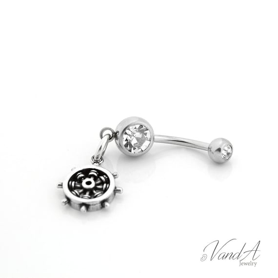Stainless Steel belly button ring Sterling Silver Ship Helm Wheel CZ Navel C27