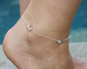 Sterling Silver 925 Heart and Love Anklet silver Heart ankle bracelet with Adjustable chain A35