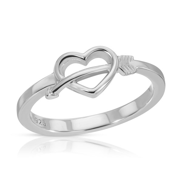 Sterling Silver 925 Heart & Cupid Ring, Love Symbol Women and Girls Ring, Minimal Jewelry, Open Heart and Arrow Stackable Ring R97