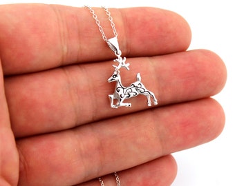 Sterling silver 925 Reindeer Pendent Deer necklace With Stylized Design and adjustable from 16" to 18" chain N45