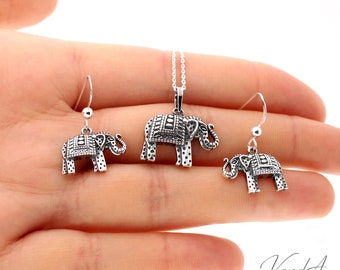 Sterling Silver 925 Elephant Necklace and Earrings Set Adorable Indian Elephant Set for Women Animal Lover Jewelry N107