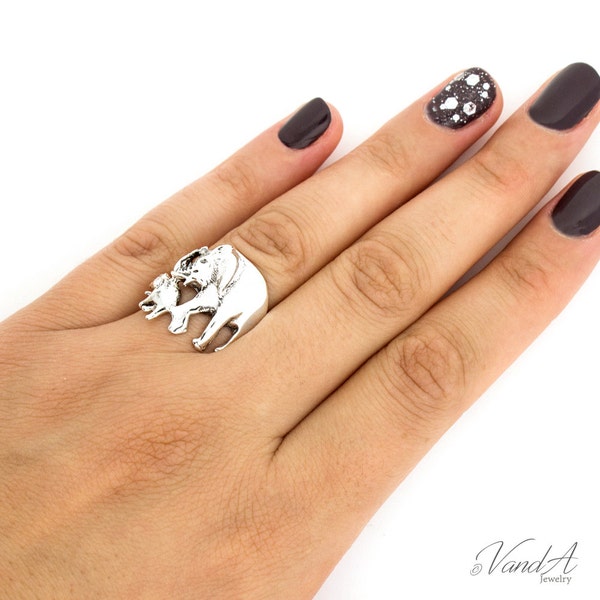 Sterling Silver 925 Elephant Ring Mother and Baby Elephant ring cute Walking Elephants ring mother daughter ring Gift R26