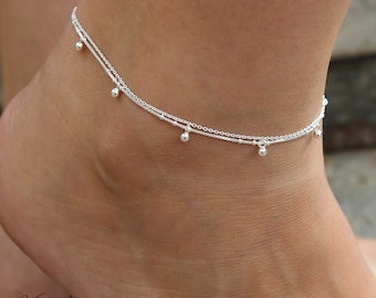Sterling Silver 925 Multi Bead Layered Anklet Multi Layer Bead Chain Double Strand Adjustable Anklet Bracelet A32