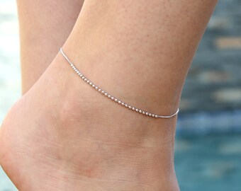 Sterling Silver 925 Diamond Cut Bead Anklet Adjustable Simple Ankle Bracelet A46