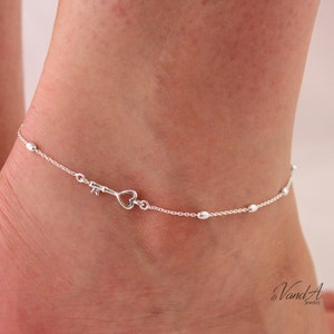 Sterling Silver 925 Heart key Anklet Cute Key to my Heart Ankle Bracelet Adjustable Silver Anklet for Girls & Women A05