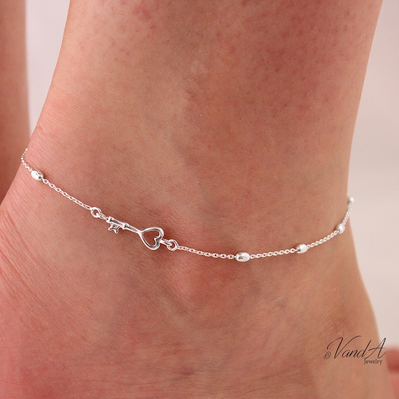 Sterling Silver 925 Heart Key Anklet Bracelet Adjustable Etsy