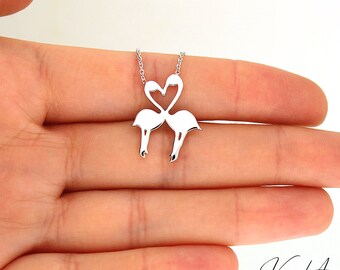 Sterling silver 925 Flamingo Herat Pendant Love Necklace Flat Pendant with Adjustable Chain N08