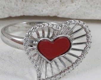 Sterling Silver Rings / Heart Rings / Vintage Rings / Mothers Rings / Carnelian Rings / Rings Size 7.75 (Item#ER288)