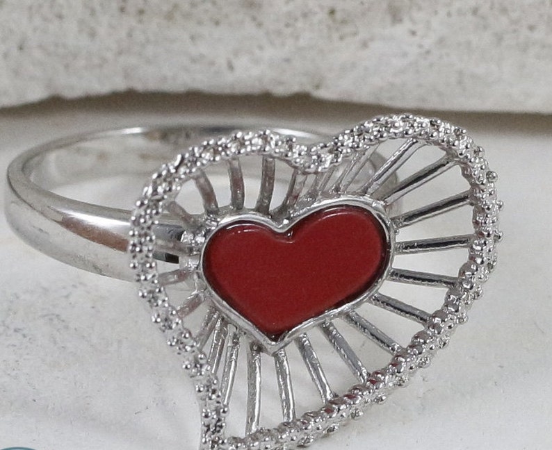 Sterling Silver Rings / Heart Rings / Vintage Rings / Mothers Rings / Carnelian Rings / Rings Size 7.75 ItemER288 immagine 1