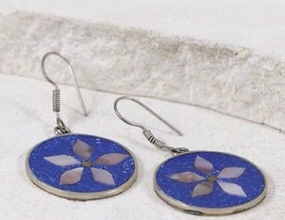 Lapis Earrings / Abalone Earrings Pierced Earrings / Vintage Earrings (Item#EE493)