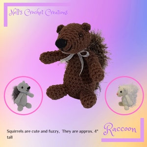 Handmade Amigurumi Squirrel, Crochet Stuffed Squirrel with Fluffy Tail, brown, black, gray, white