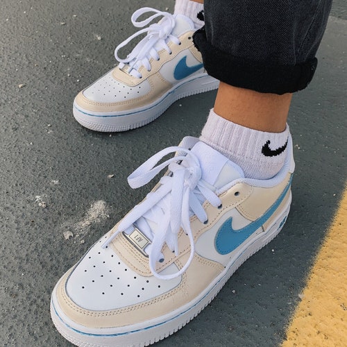Beige and Blue Swoosh Custom Air Force 1's af1s | Etsy