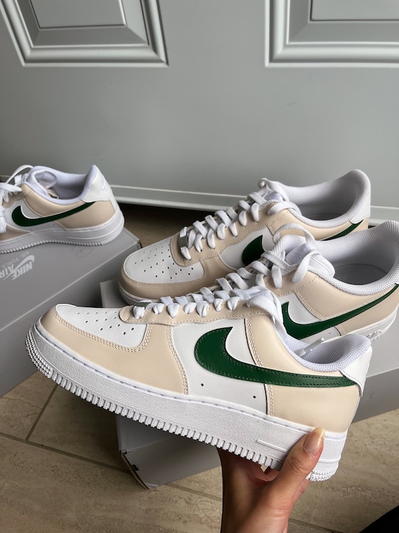 Light Beige + Forest Green Swoosh Custom Air Force 1's (AF1s)