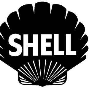 May include: Black and white logo of a seashell with the word "SHELL" in white letters.