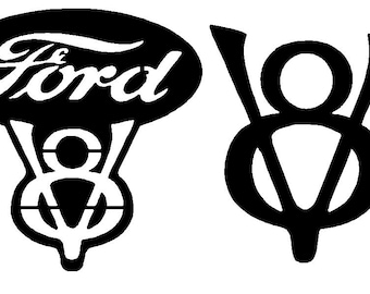 May include: Black and white logo of the Ford Motor Company. The logo features the word "Ford" in a stylised script font above a stylised "V8" emblem.