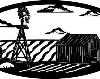 May include: Black and white illustration of a farm scene with a windmill, a barn, a pig, and a field of crops. The sun is shining in the sky.