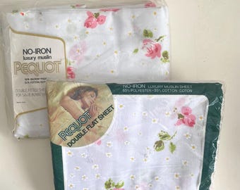 Vintage Pequot Double Full Flat and Fitted Sheets , Rosebuds Pattern New Old Stock