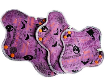 Cotton Cloth Menstrual Pads ~ Available in Sets or single pad, Multiple Sizes + Absorbency, Cotton Incontinence Pads ~ Purple Halloween