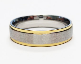 Stainless Steel Stamped Ring, Gold Edge, 6mm