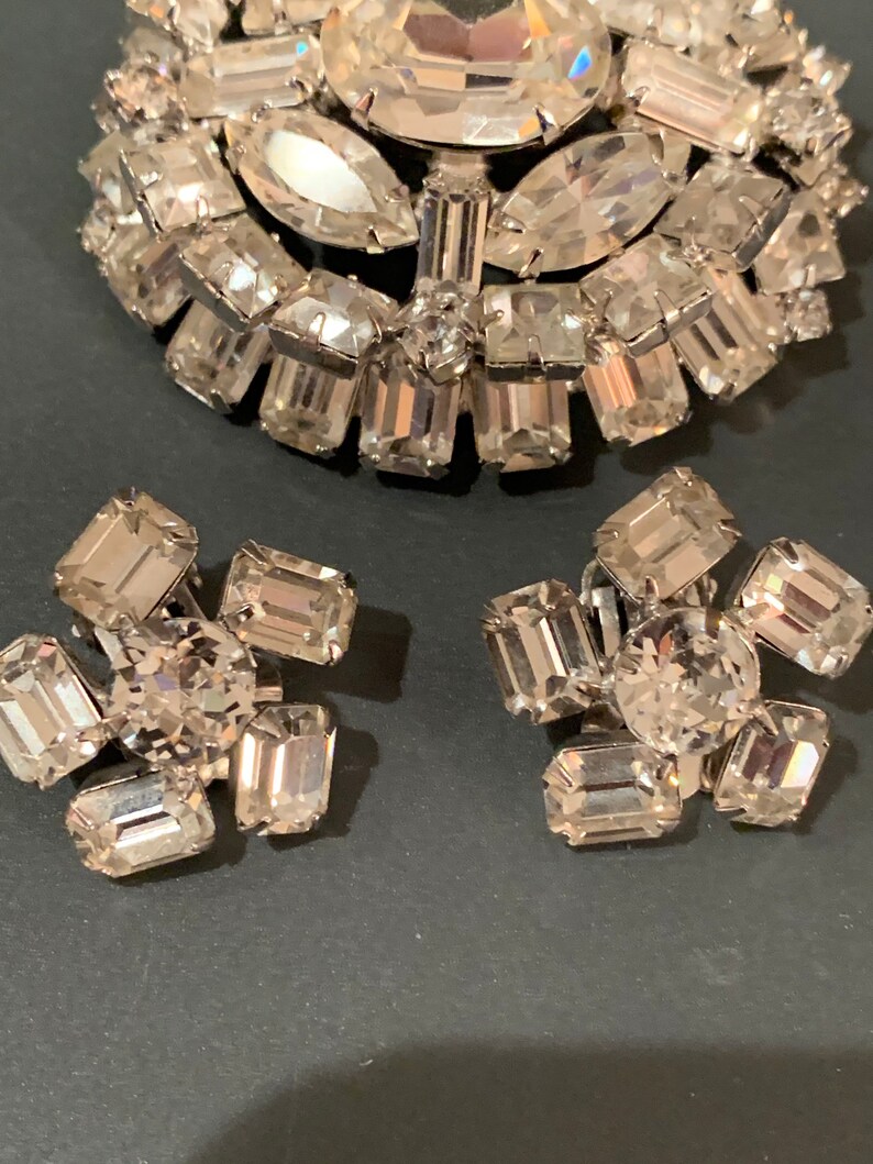 Joseph Warner Mid-Century Rhinestone Brooch with Matching Clip In Earrings