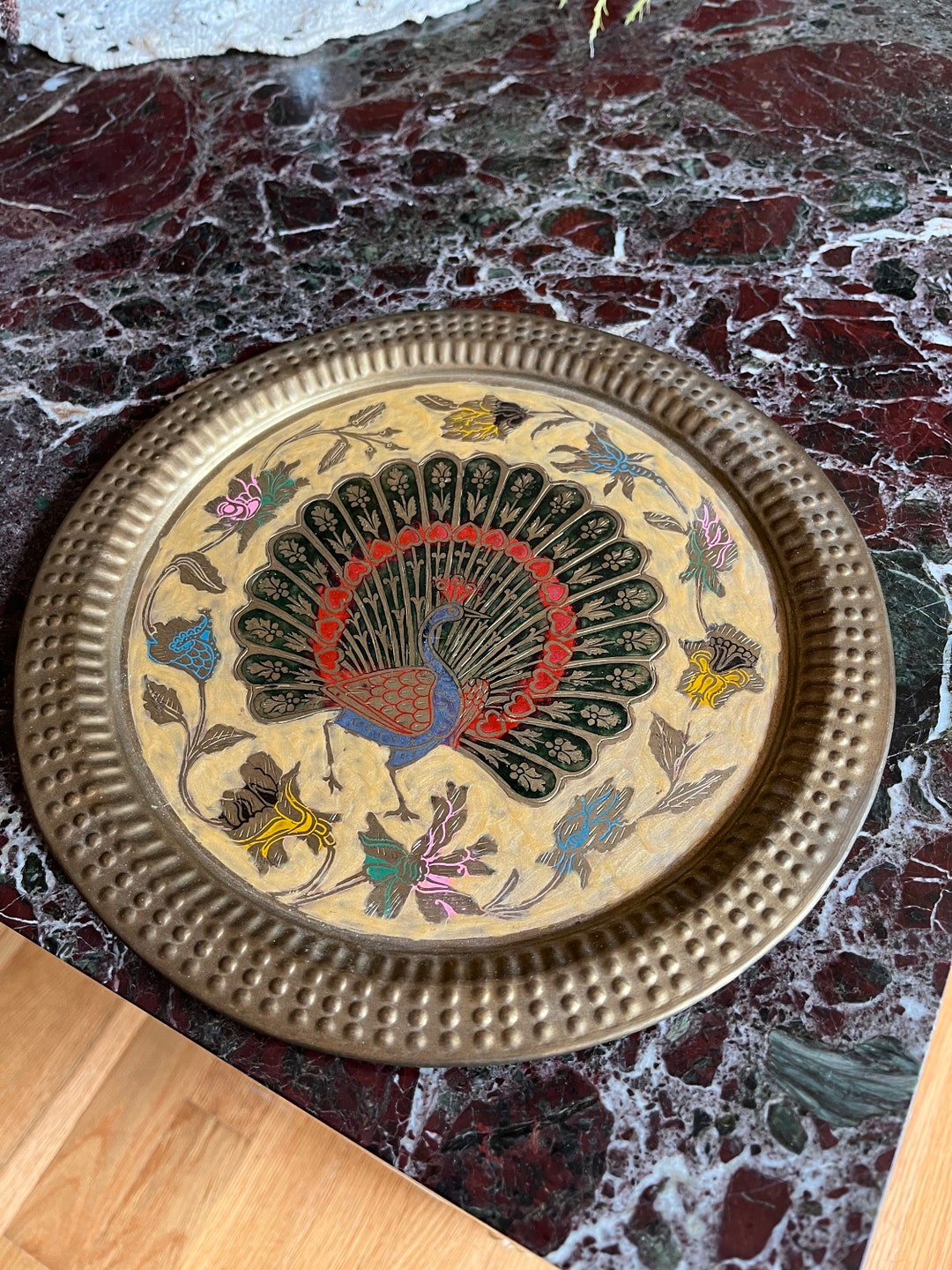 Hammered Brass Decorative Peacock Plate Etsy