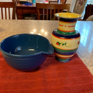 Cobalt and Yellow Ceramic Vase and Bowl with Spout