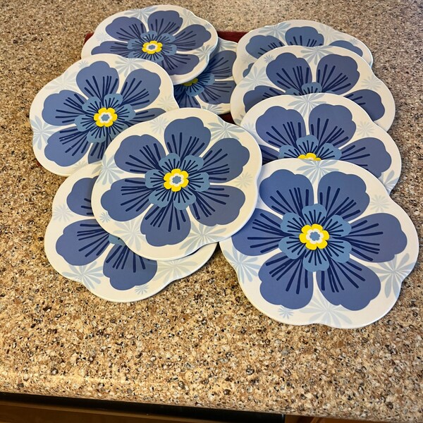 Melamine Blue Flowered Luncheon Plates —. Set of 8