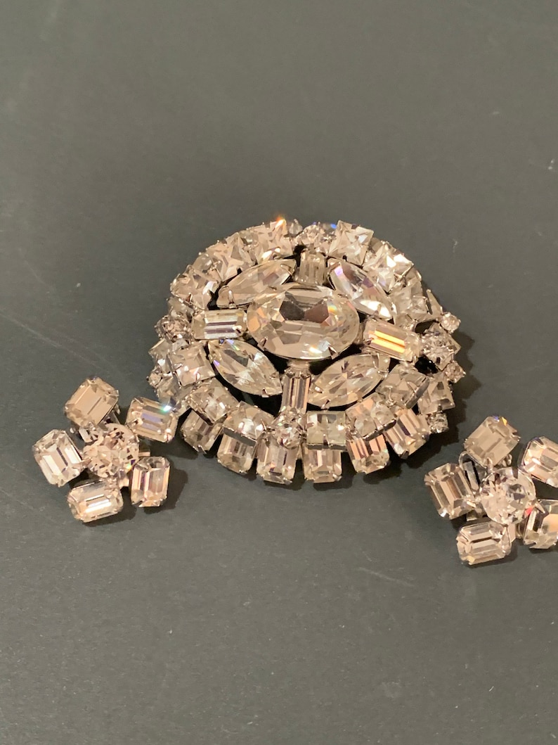 Joseph Warner Mid-Century Rhinestone Brooch with Matching Clip In Earrings