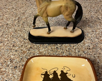 Ceramic Horse Figurine on Stand with Ceramic Cowboy Dish